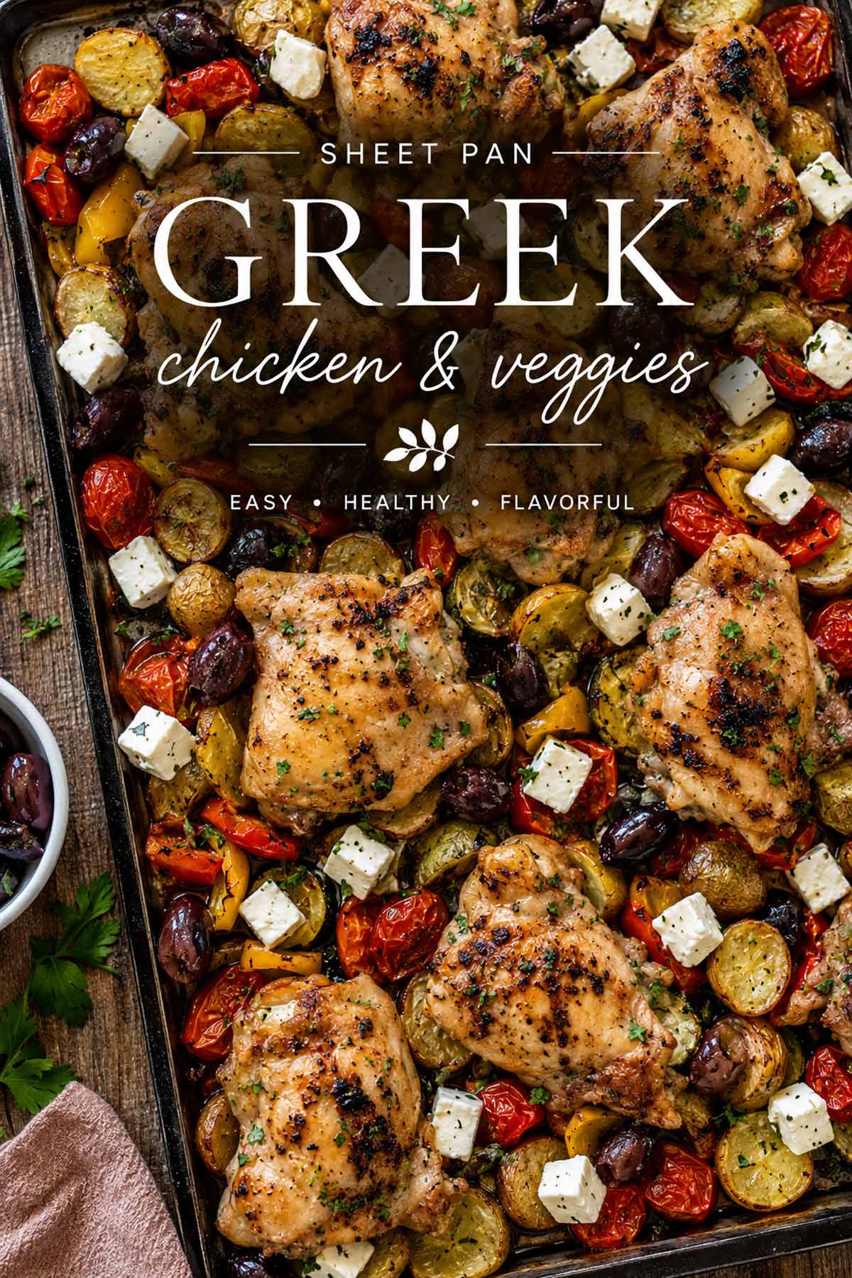pin for greek sheet pan chicken and veggies.