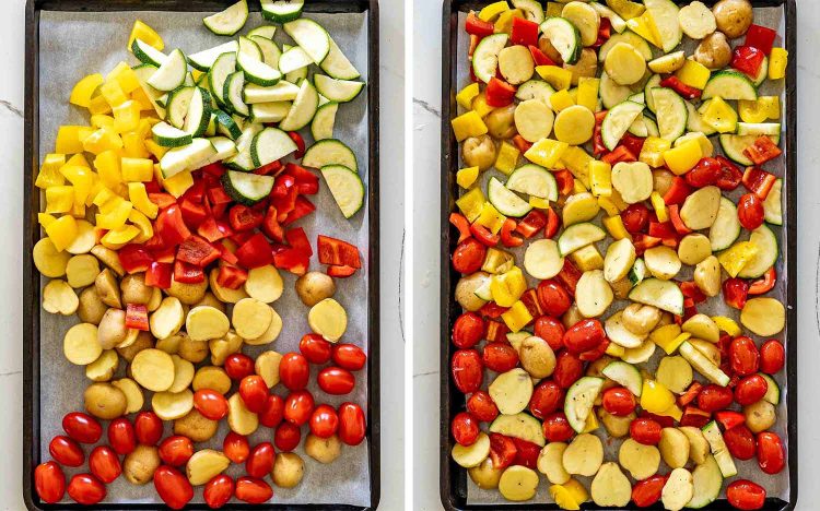 process shots showing how to make greek sheet pan chicken and veggies.