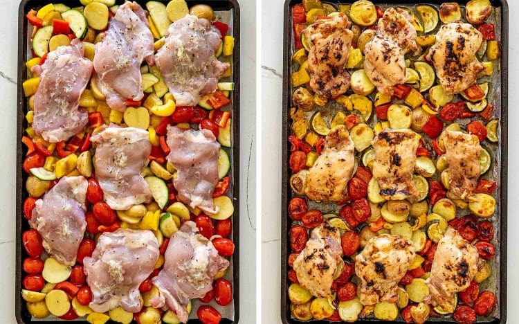 process shots showing how to make greek sheet pan chicken and veggies.