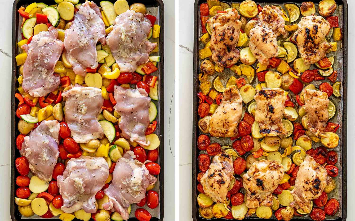process shots showing how to make greek sheet pan chicken and veggies.