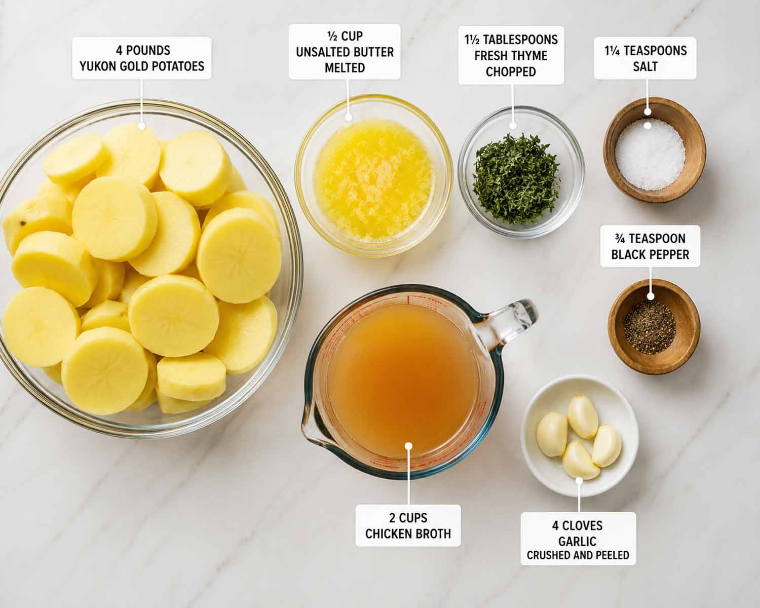 Ingredients for melting potatoes including Yukon Gold potatoes, butter, thyme, garlic, chicken broth, salt, and black pepper with labels.