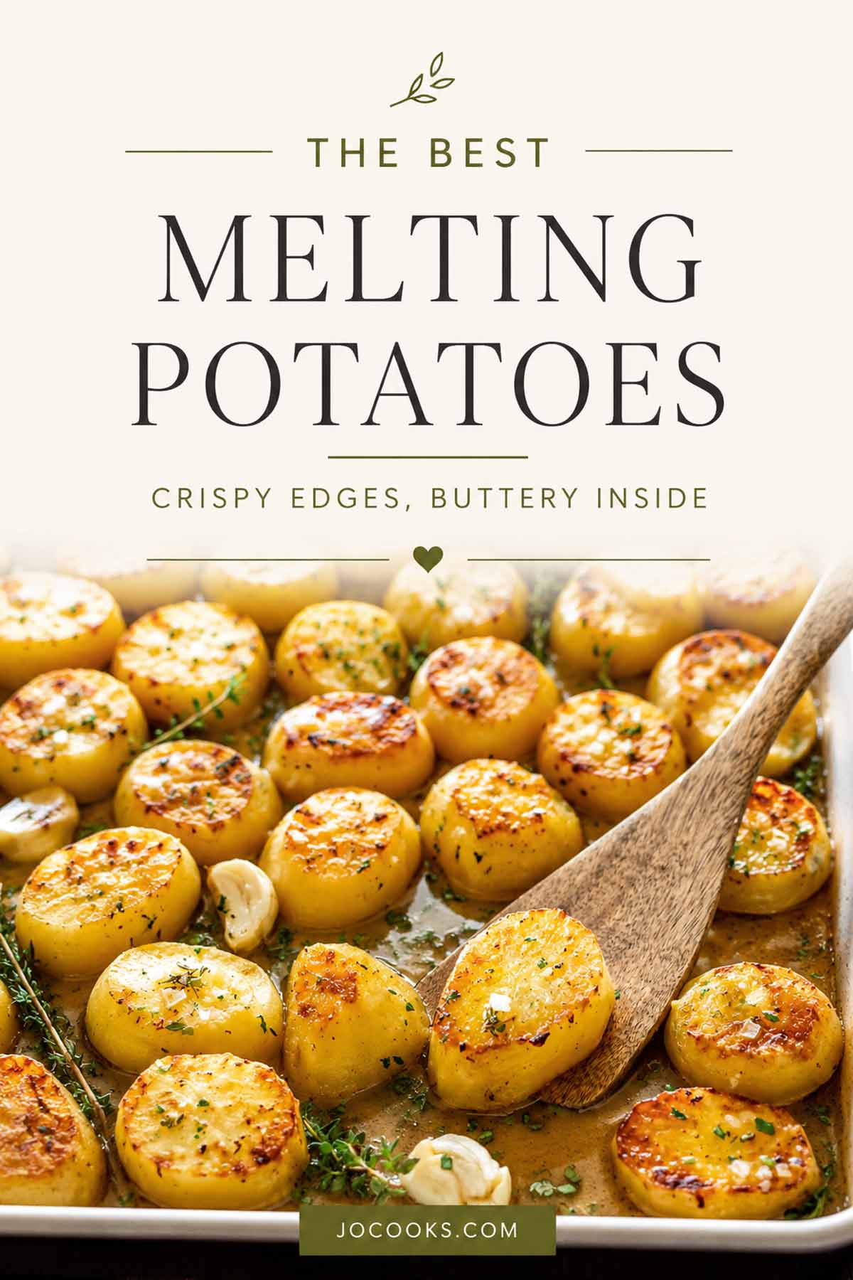 Elegant Pinterest graphic featuring buttery melting potatoes with crispy golden edges, simple typography, and a clean, inviting recipe presentation.
