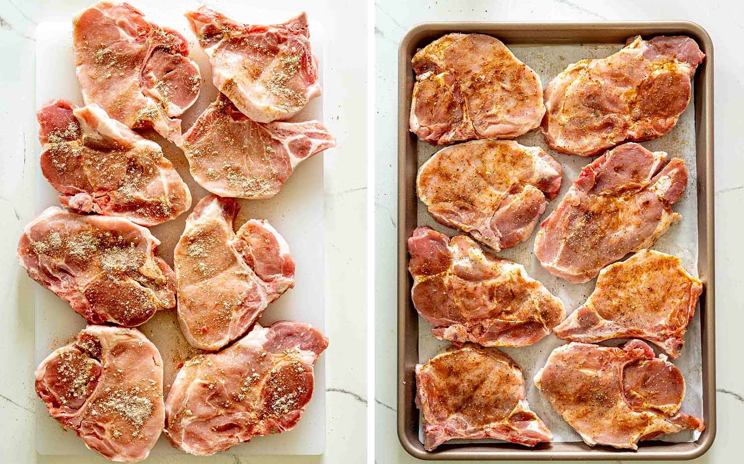 process shots showing how to make oven baked honey garlic pork chops.