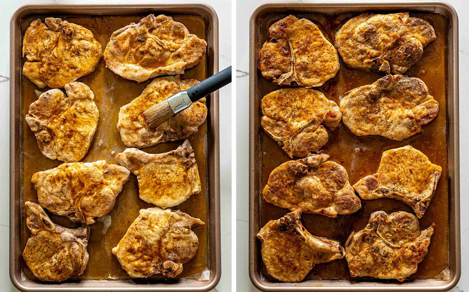 process shots showing how to make oven baked honey garlic pork chops.
