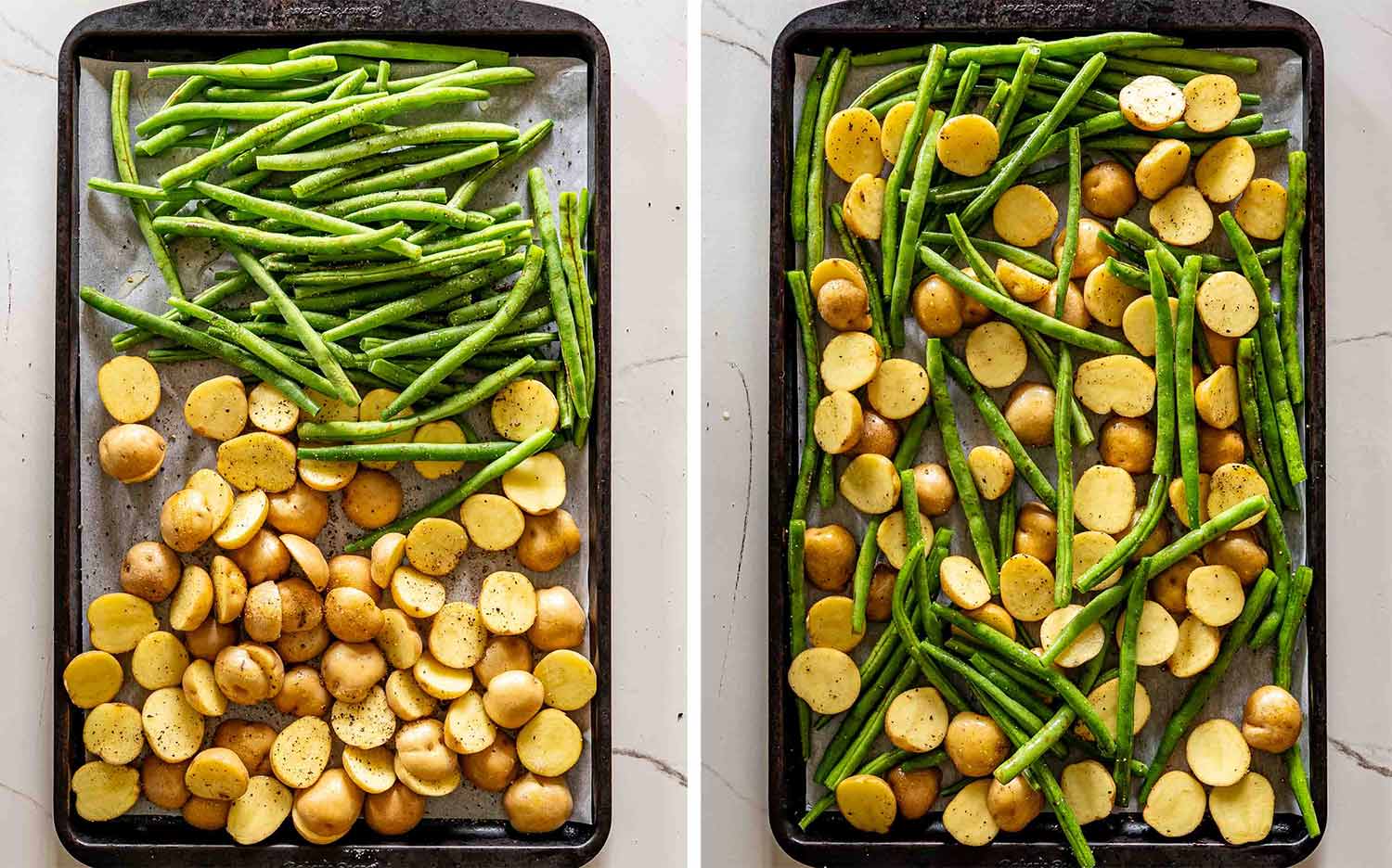 process shots showing how to make parmesan garlic chicken and potatoes sheet pan.