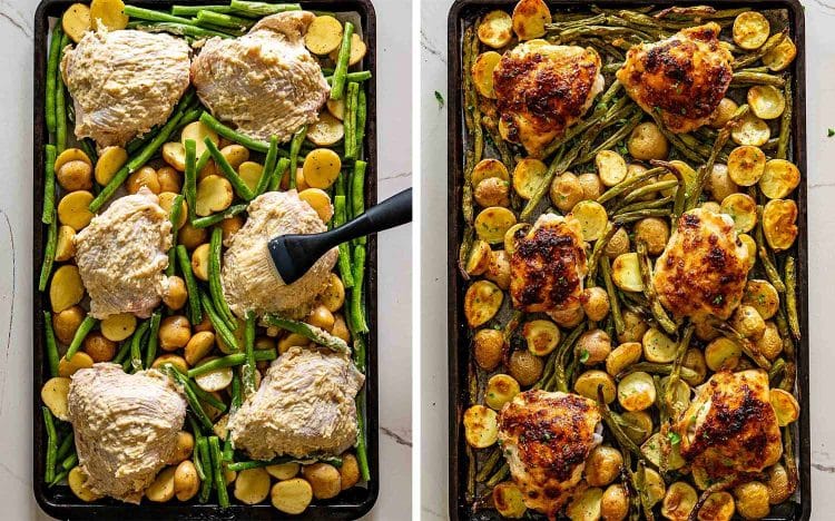 process shots showing how to make parmesan garlic chicken and potatoes sheet pan.