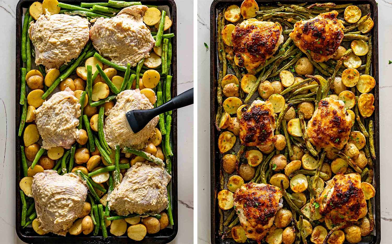 process shots showing how to make parmesan garlic chicken and potatoes sheet pan.