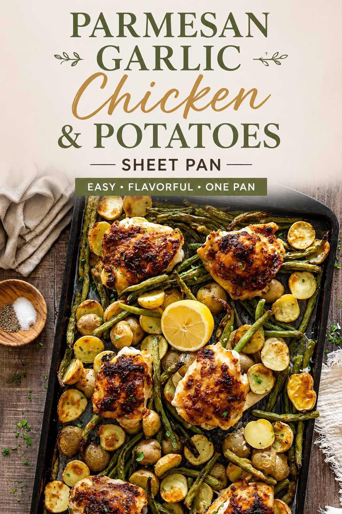 Pinterest-style image featuring Parmesan Garlic Chicken and Potatoes Sheet Pan on a rustic wooden table with elegant serif and script text overlay.