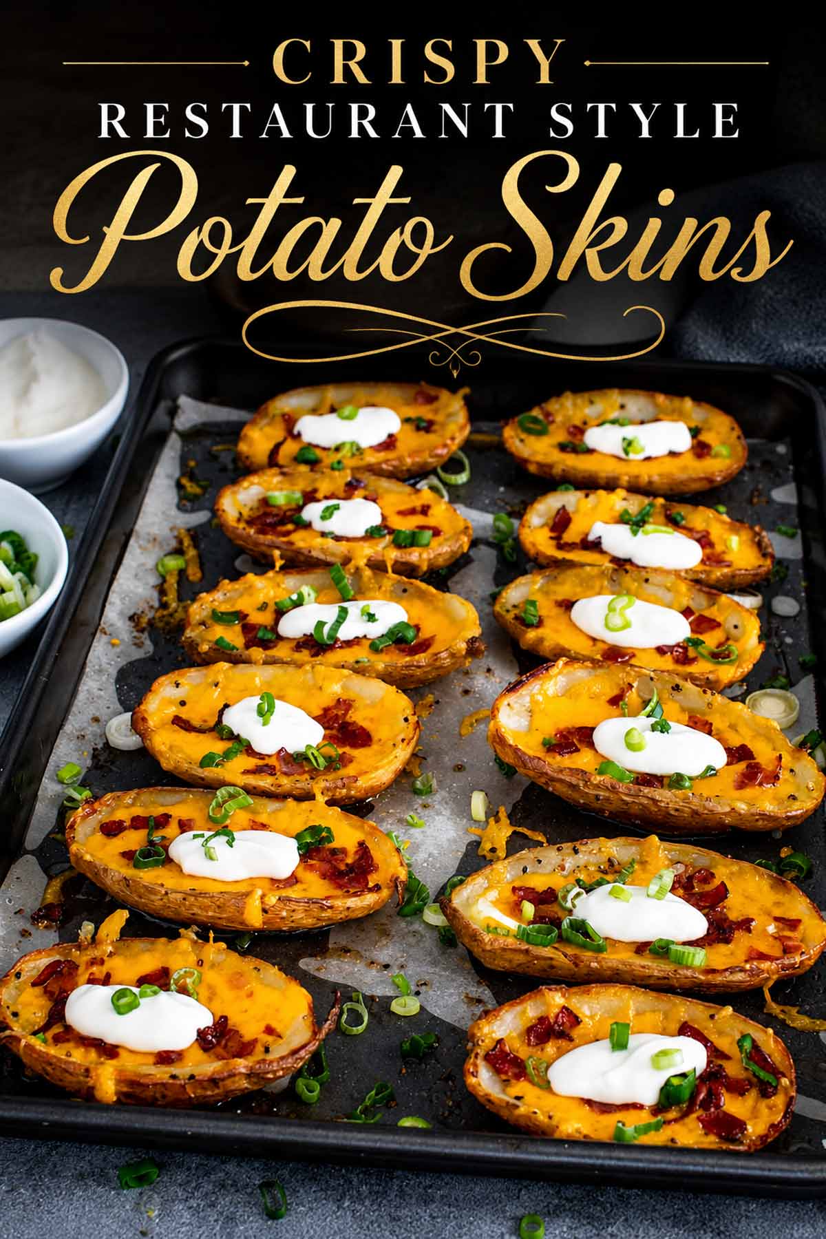 pin image for crispy restaurant style potato skins.