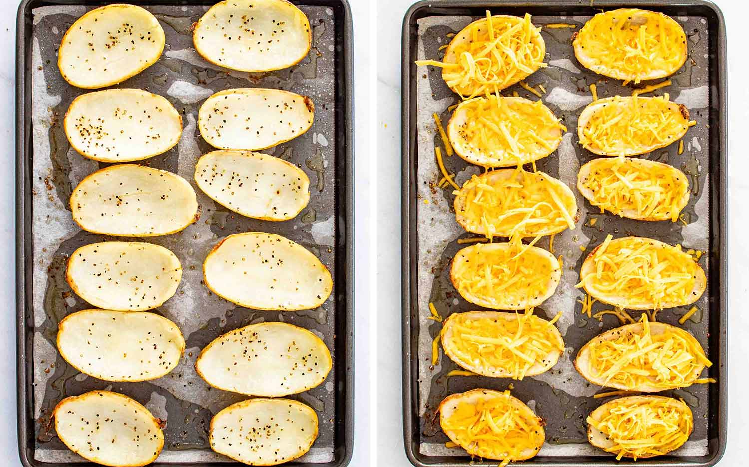 process shots showing how to make potato skins.