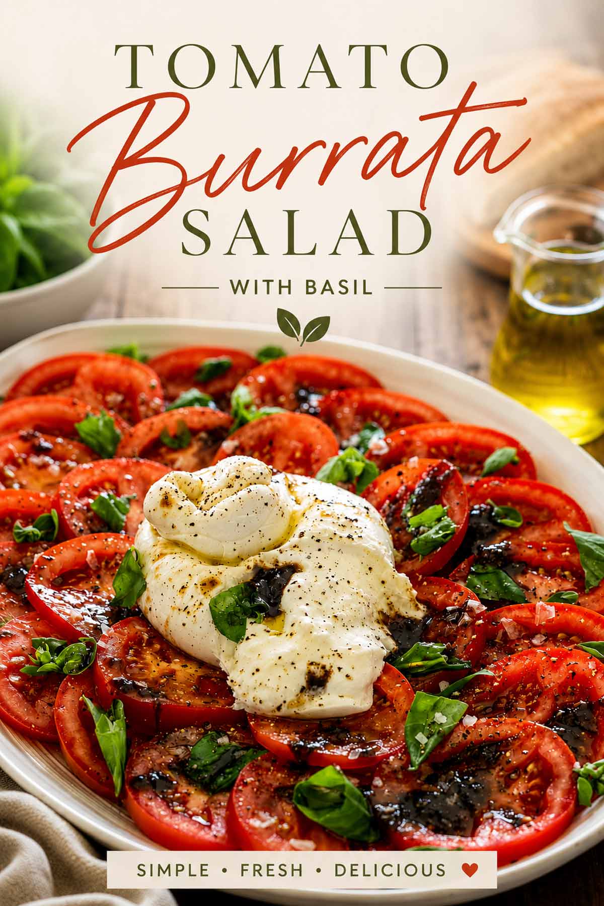 Elegant Pinterest graphic featuring tomato burrata salad with basil, balsamic glaze, creamy burrata cheese, and fresh sliced tomatoes.