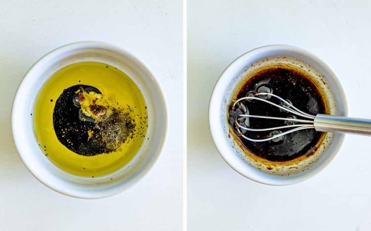 Small white bowl with olive oil, balsamic glaze, garlic, salt, and pepper being whisked into flavorful salad dressing.