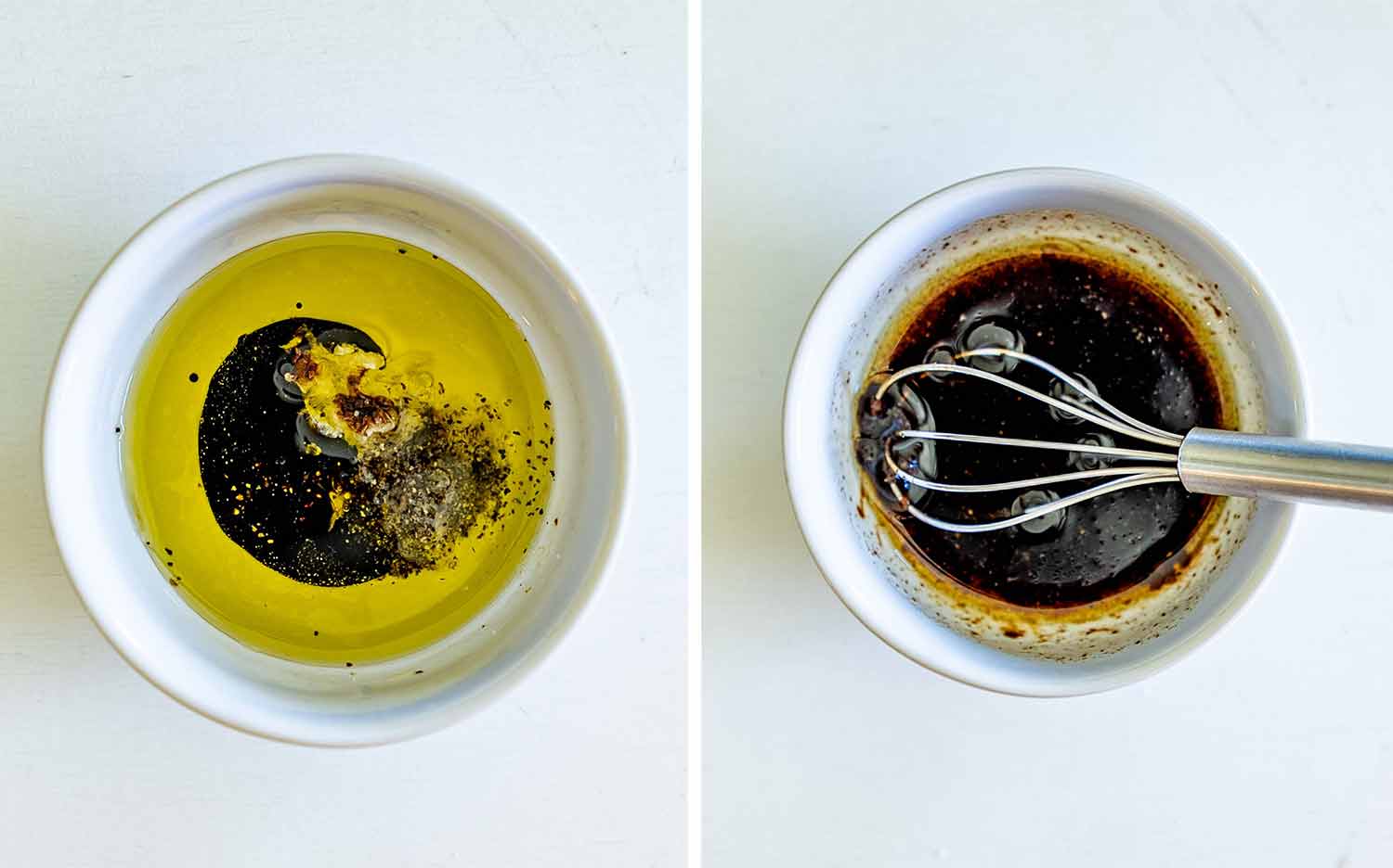 Small white bowl with olive oil, balsamic glaze, garlic, salt, and pepper being whisked into flavorful salad dressing.