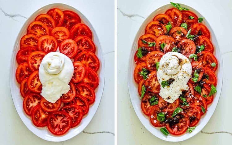 Step by step tomato burrata salad process showing sliced tomatoes with burrata before and after basil, balsamic, and seasoning.