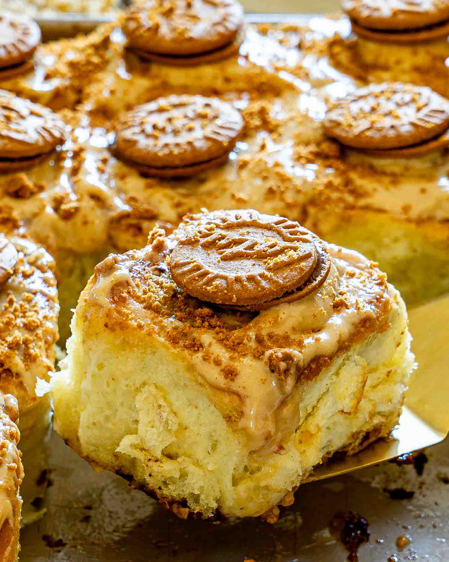 Close-up of a fluffy Biscoff cinnamon roll lifted from the pan, showcasing swirls, creamy frosting, and crunchy cookie topping.