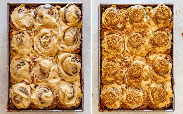 process shots showing how to make biscoff cinnamon rolls.