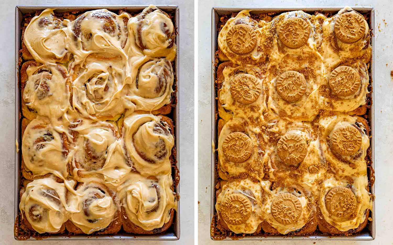 process shots showing how to make biscoff cinnamon rolls.