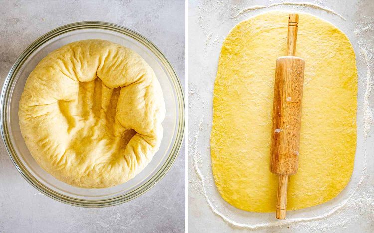 process shots showing how to make biscoff cinnamon rolls.