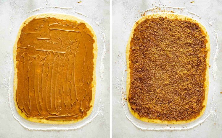 process shots showing how to make biscoff cinnamon rolls.