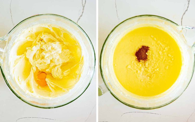 process shots showing how to make cinnamon roll cream cheese pound cake.