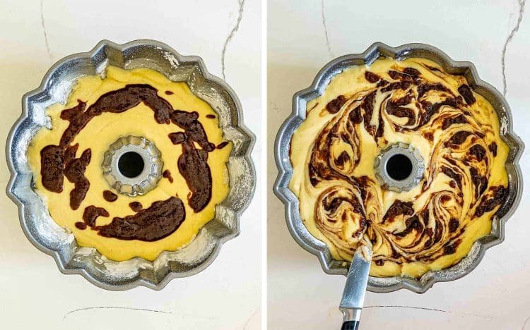 process shots showing how to make cinnamon roll cream cheese pound cake.