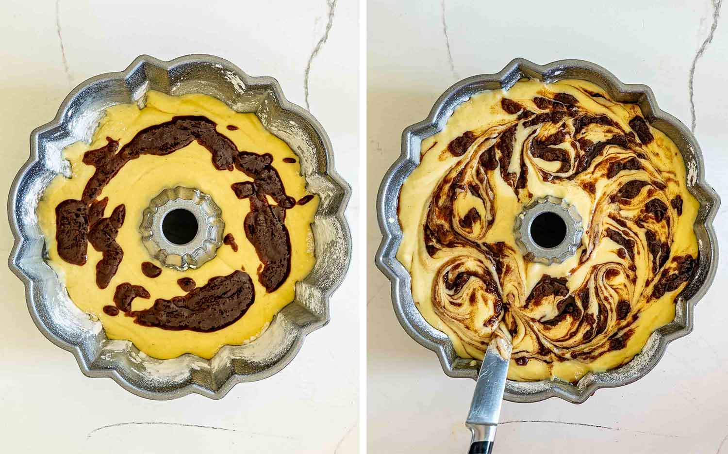 process shots showing how to make cinnamon roll cream cheese pound cake.