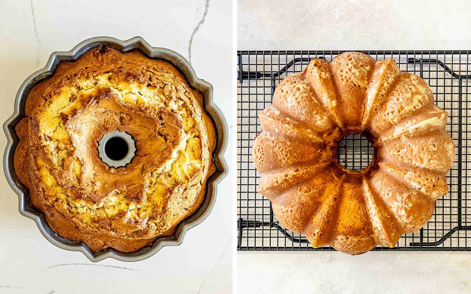process shots showing how to make cinnamon roll cream cheese pound cake.