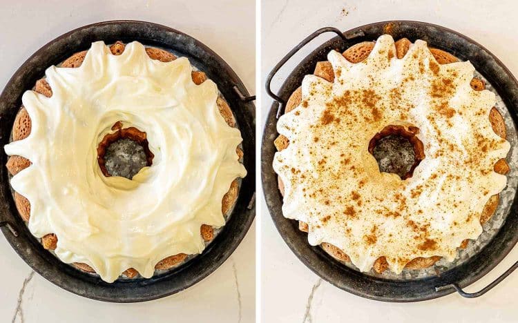 process shots showing how to make cinnamon roll cream cheese pound cake.