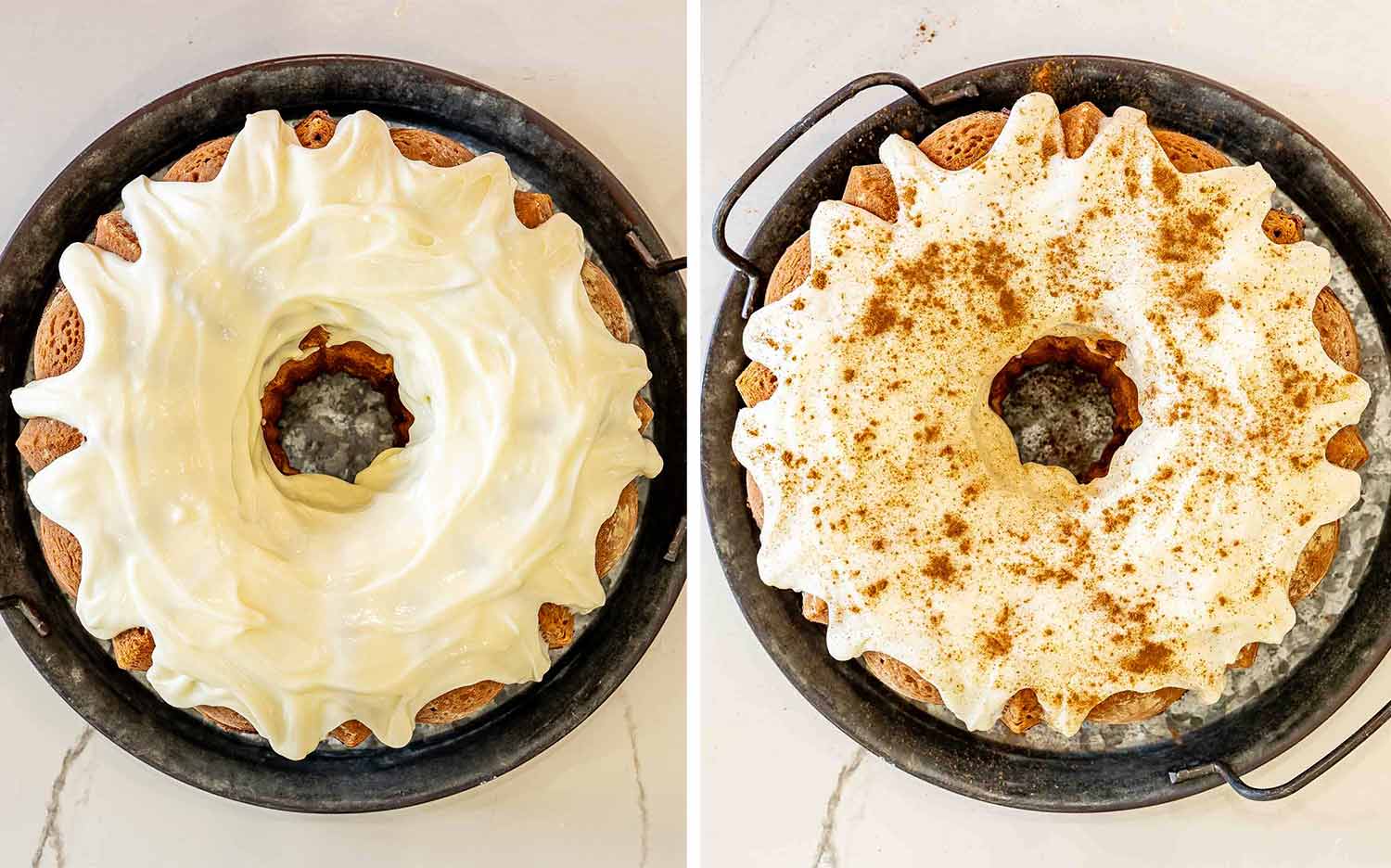 process shots showing how to make cinnamon roll cream cheese pound cake.