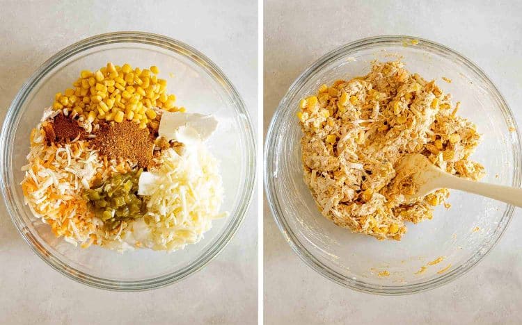 Creamy chicken taco filling ingredients shown before mixing, followed by the combined corn, chicken, cheese, and seasoning mixture.