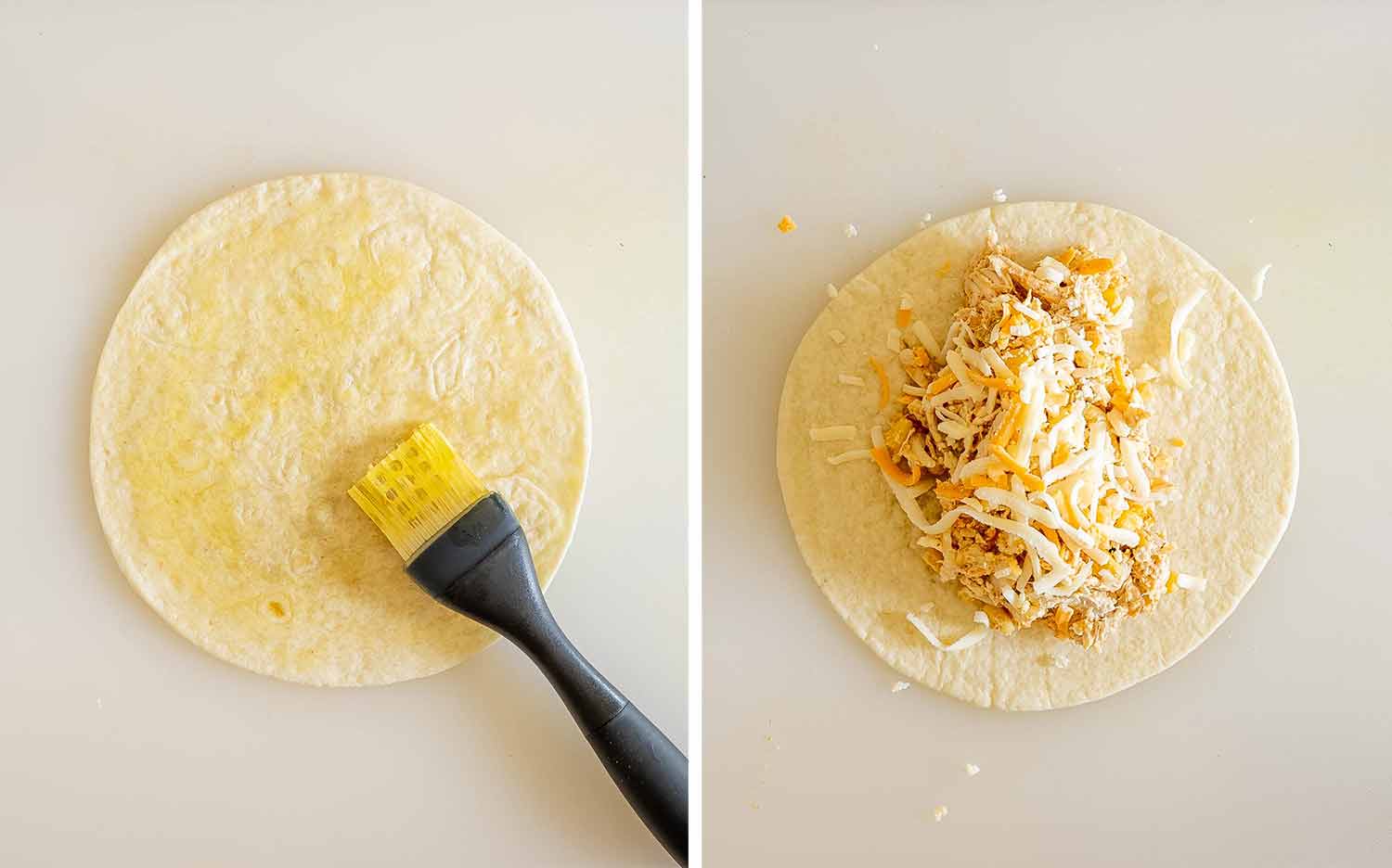 Two-step overhead view showing a tortilla brushed with oil, then topped with creamy chicken filling and shredded cheese.