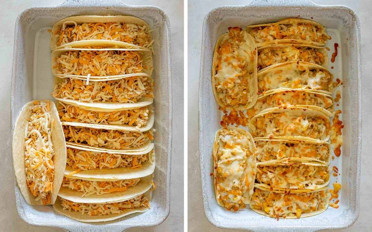 Before-and-after overhead view of chicken tacos packed with shredded cheese, then baked until melted, golden, and lightly crisped.