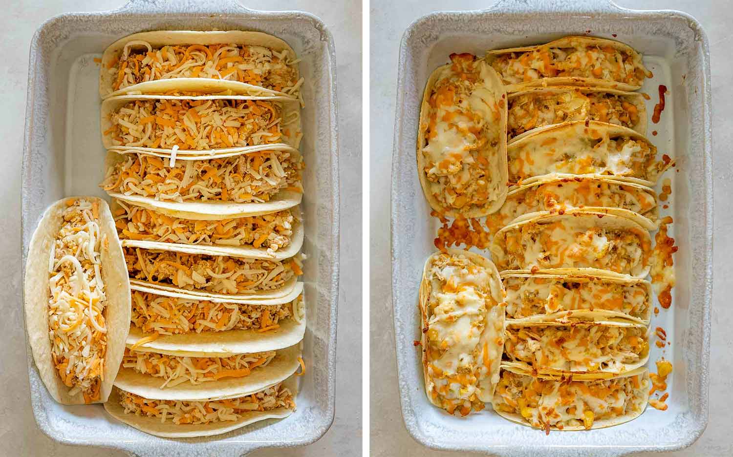 Before-and-after overhead view of chicken tacos packed with shredded cheese, then baked until melted, golden, and lightly crisped.