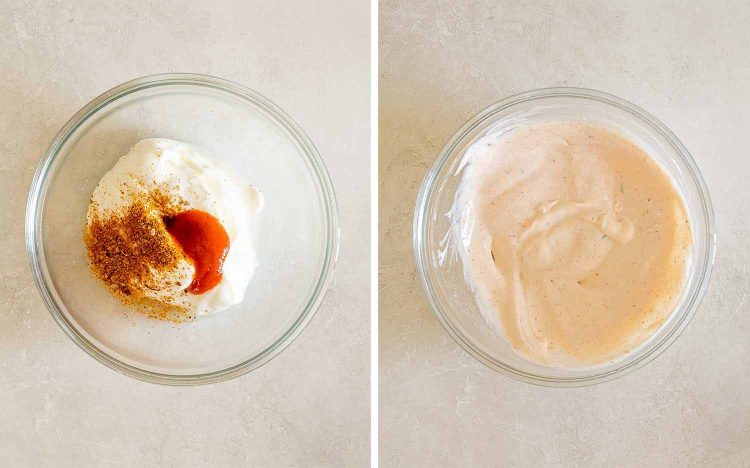 Two-step overhead view showing creamy sauce ingredients in a glass bowl, followed by the smooth, fully mixed sauce.