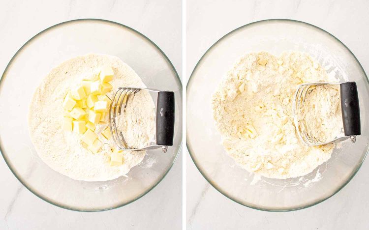 process shots showing how to make peach scones.