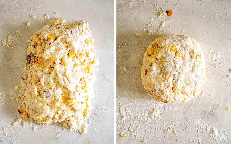 process shots showing how to make peach scones.