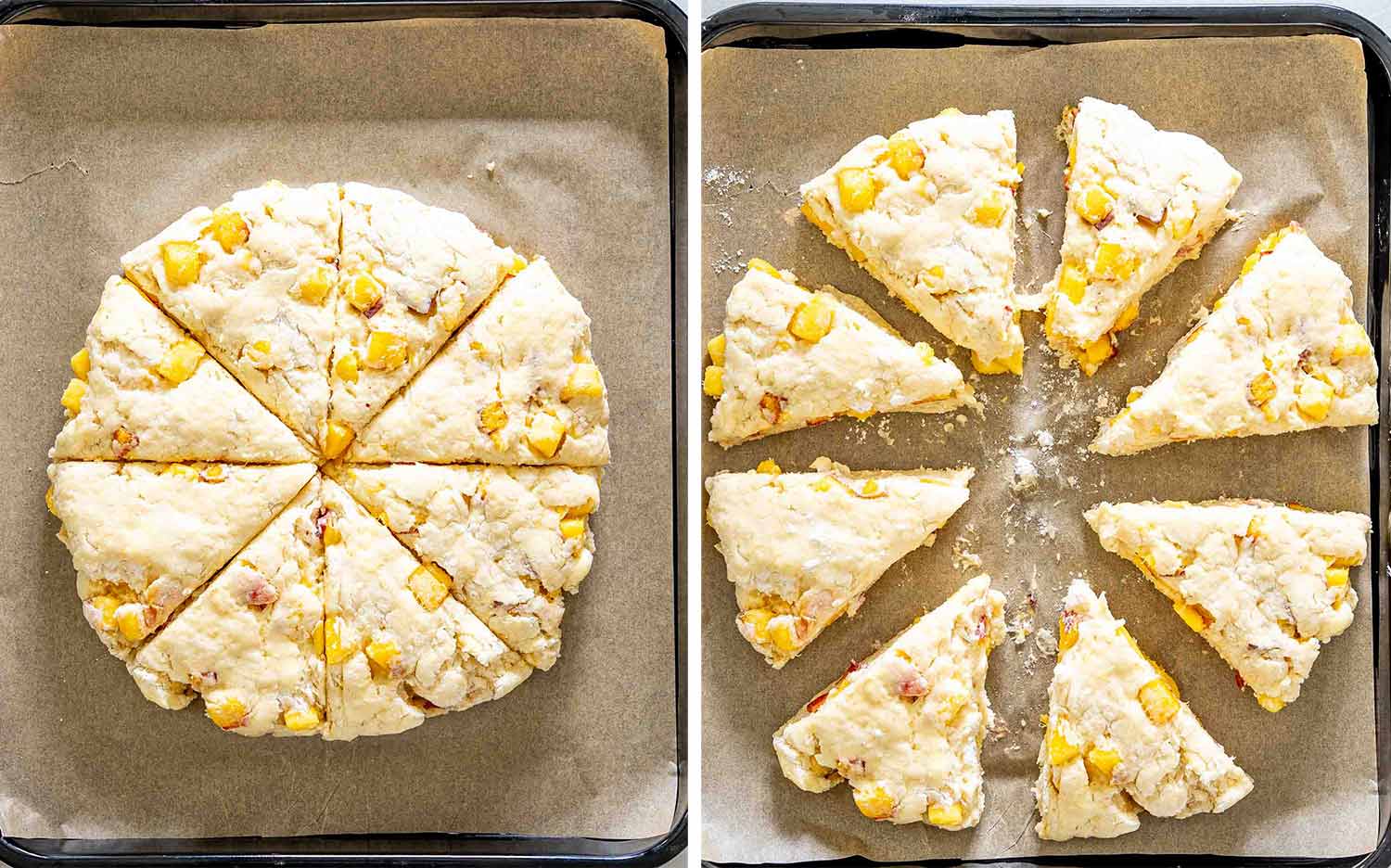process shots showing how to make peach scones.