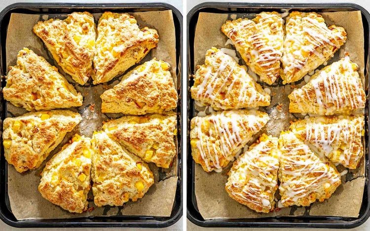 process shots showing how to make peach scones.