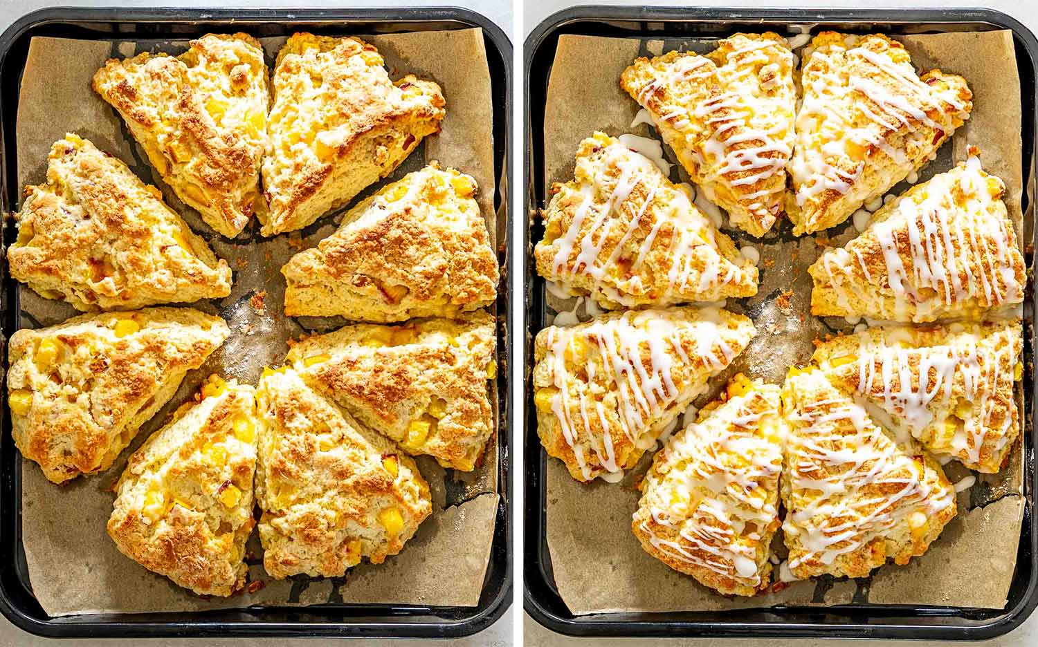 process shots showing how to make peach scones.