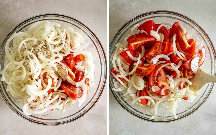process shots showing how to make sheet pan chicken shawarma.