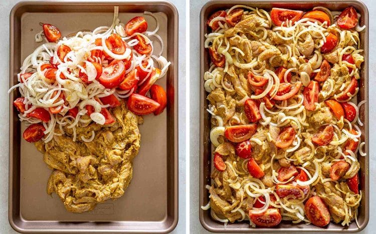 process shots showing how to make sheet pan chicken shawarma.