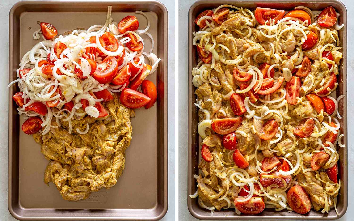 process shots showing how to make sheet pan chicken shawarma.