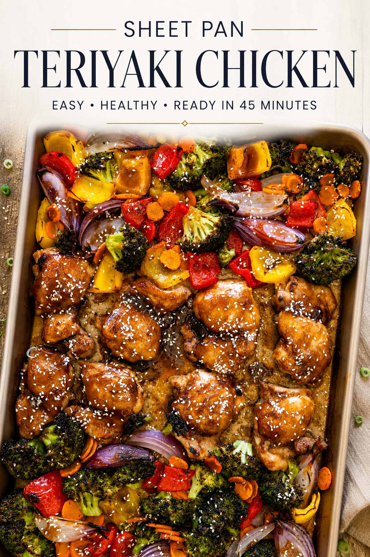 Elegant Pinterest graphic featuring sheet pan teriyaki chicken with roasted vegetables and simple text overlay highlighting this easy weeknight dinner.