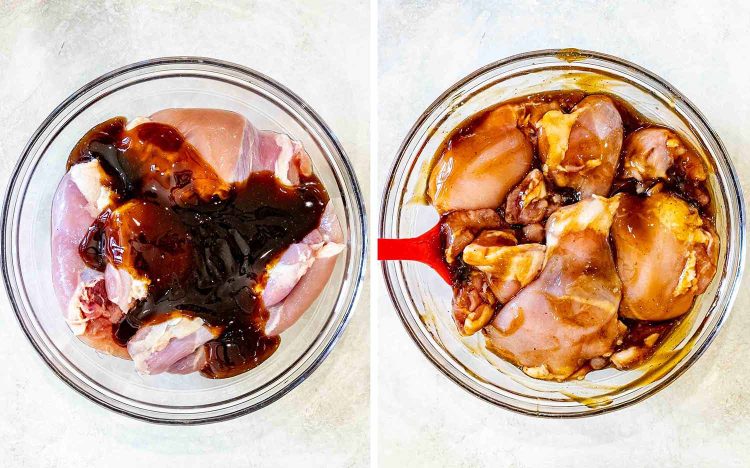 process shots showing how to make sheet pan teriyaki chicken.