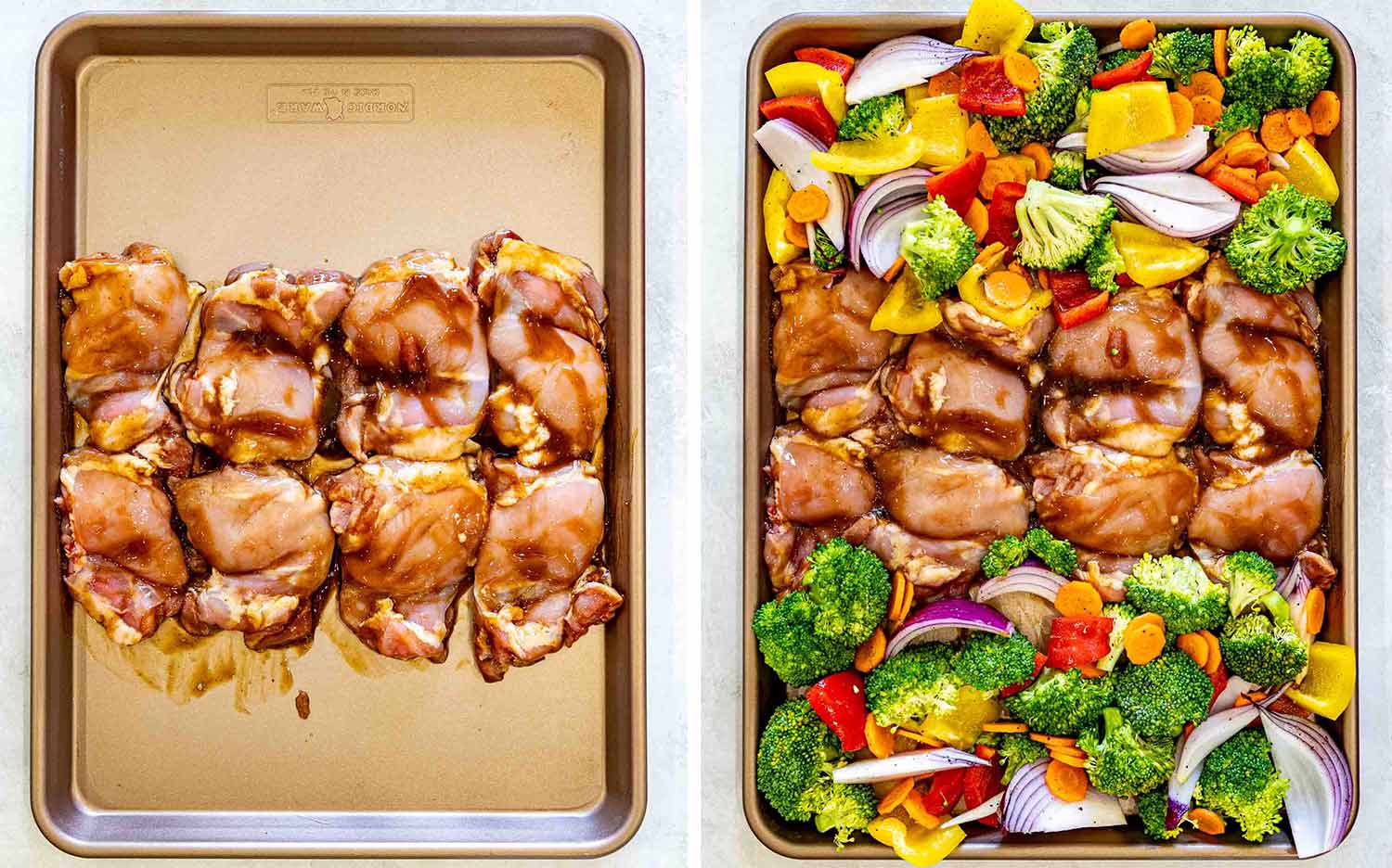 process shots showing how to make sheet pan teriyaki chicken.
