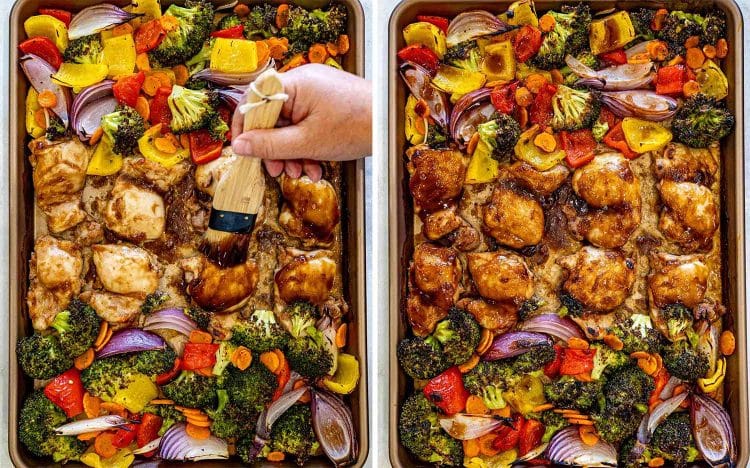 process shots showing how to make sheet pan teriyaki chicken.
