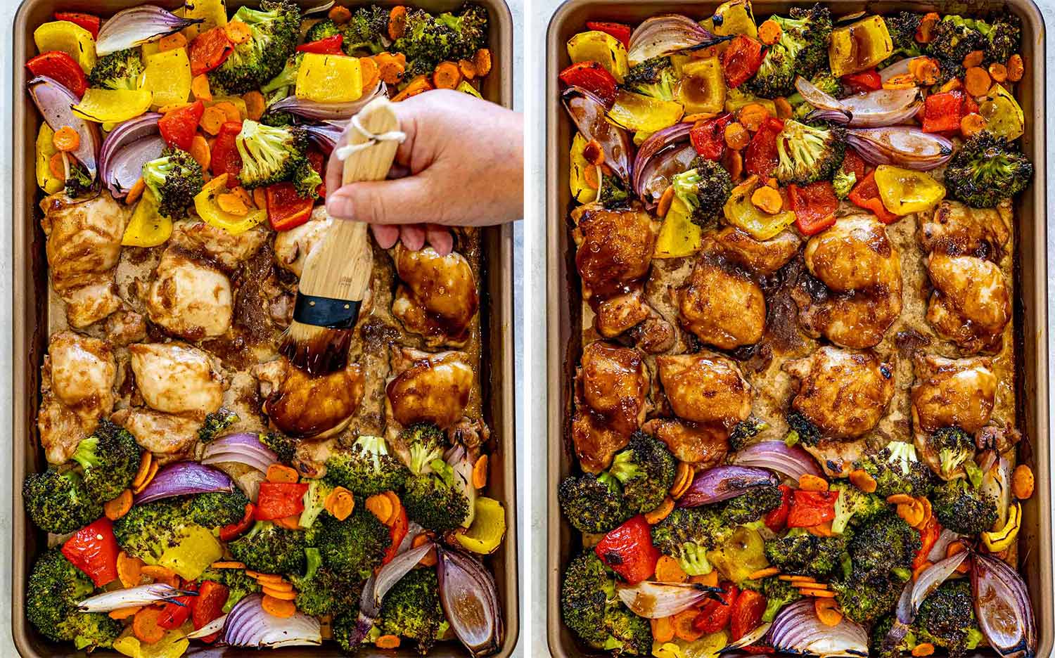 process shots showing how to make sheet pan teriyaki chicken.