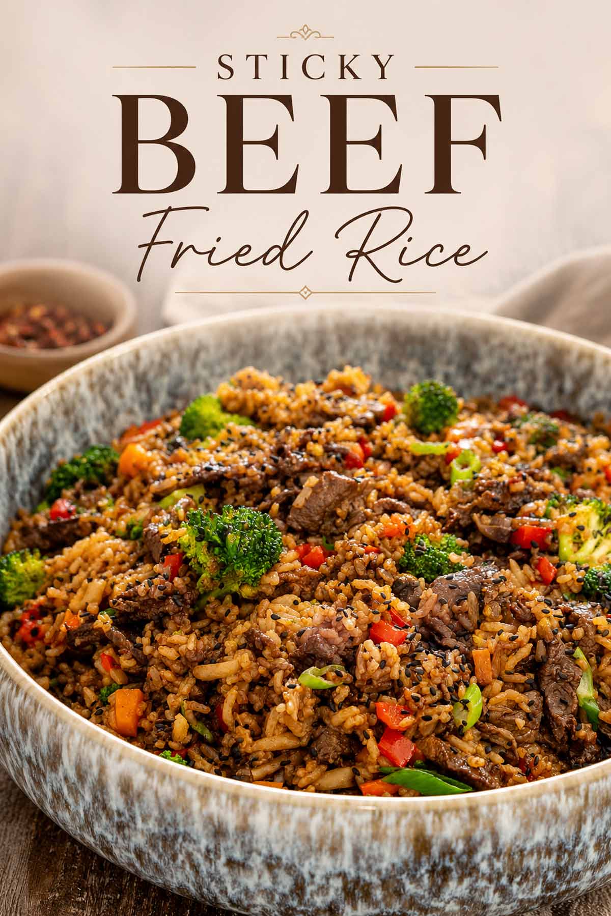 Elegant Pinterest graphic featuring sticky beef fried rice with tender beef, broccoli, mushrooms, and colorful vegetables in a rustic serving bowl.