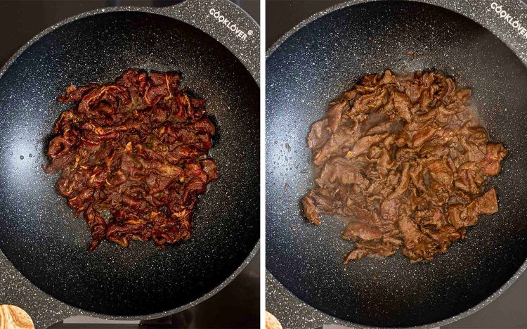 process shots showing how to make sticky beef fried rice.
