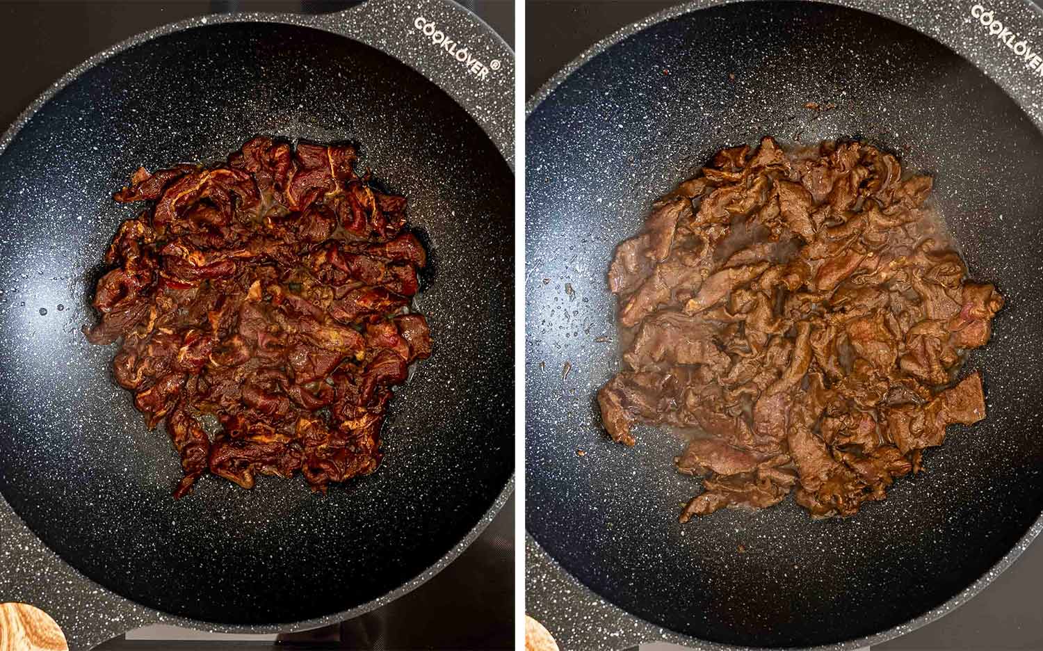 process shots showing how to make sticky beef fried rice.